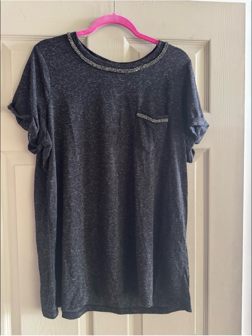 Dark Heathered Black Short Sleeve Tunic with Rhinestone Trim